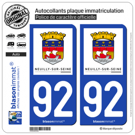 2 Autocollants plaque immatriculation Auto 92 Neuilly-sur-Seine - Ville