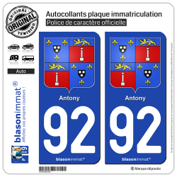 2 Autocollants plaque immatriculation Auto 92 Antony - Armoiries