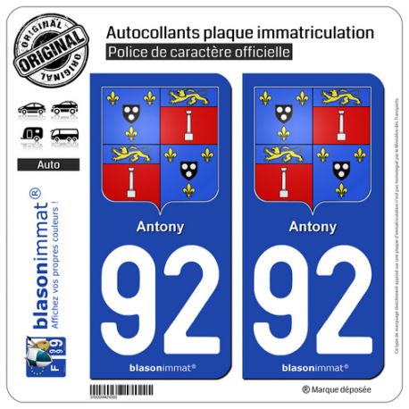 2 Autocollants plaque immatriculation Auto 92 Antony - Armoiries