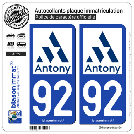 2 Autocollants plaque immatriculation Auto 92 Antony - Ville