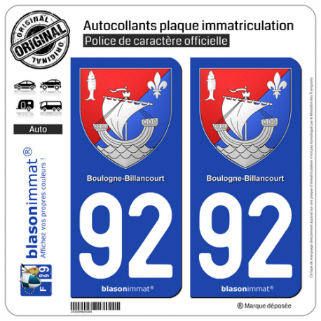 2 Autocollants plaque immatriculation Auto 92 Boulogne-Billancourt - Armoiries