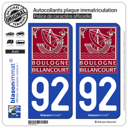 2 Autocollants plaque immatriculation Auto 92 Boulogne-Billancourt - Ville