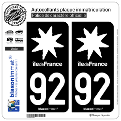 2 Autocollants plaque immatriculation Auto 92 Île de France - LogoType Black