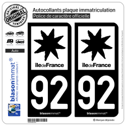 2 Autocollants plaque immatriculation Auto 92 Île de France - LogoType N&B
