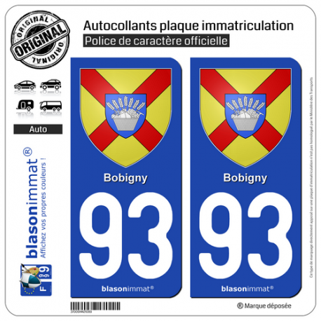 2 Autocollants plaque immatriculation Auto 93 Bobigny - Armoiries