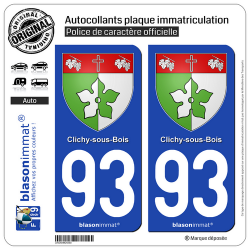 2 Autocollants plaque immatriculation Auto 93 Clichy-sous-Bois - Armoiries