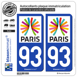 2 Autocollants plaque immatriculation Auto 93 Île-de-France - Paris Région