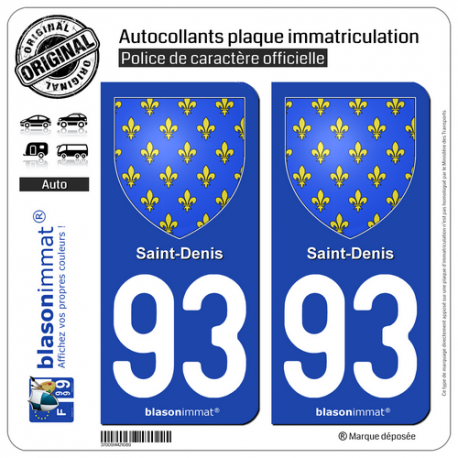 2 Autocollants plaque immatriculation Auto 93 Saint-Denis - Armoiries