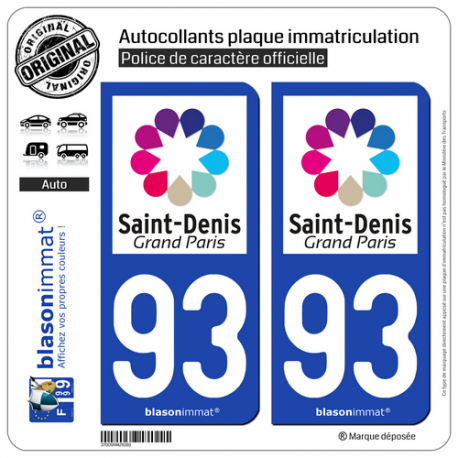 2 Autocollants plaque immatriculation Auto 93 Saint-Denis - Tourisme