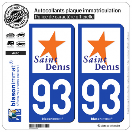 2 Autocollants plaque immatriculation Auto 93 Saint-Denis - Ville