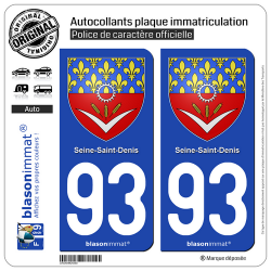 2 Autocollants plaque immatriculation Auto 93 Seine-Saint-Denis - Armoiries