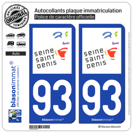 2 Autocollants plaque immatriculation Auto 93 Seine-Saint-Denis - Tourisme