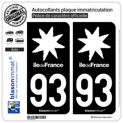 2 Autocollants plaque immatriculation Auto 93 Île de France - LogoType Black