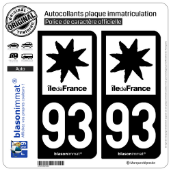 2 Autocollants plaque immatriculation Auto 93 Île de France - LogoType N&B