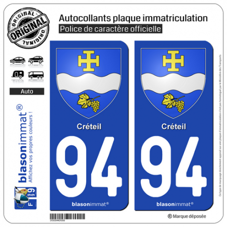 2 Autocollants plaque immatriculation Auto 94 Créteil - Armoiries