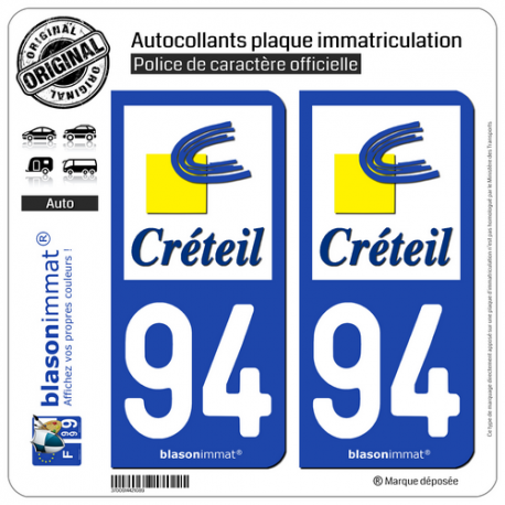 2 Autocollants plaque immatriculation Auto 94 Créteil - Ville
