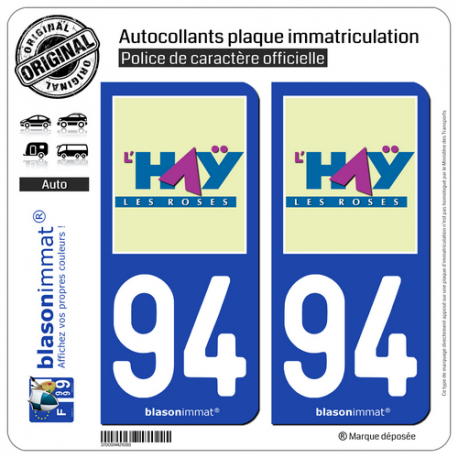 2 Autocollants plaque immatriculation Auto 94 Haÿ-les-Roses - Ville