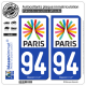 2 Autocollants plaque immatriculation Auto 94 Ile-de-France - Paris Région