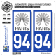 2 Autocollants plaque immatriculation Auto 94 Île-de-France - Tourisme