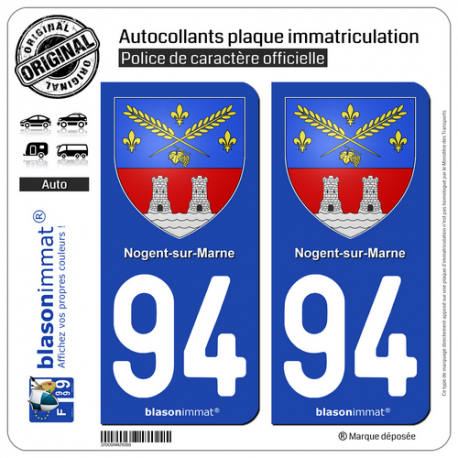 2 Autocollants plaque immatriculation Auto 94 Nogent-sur-Marne - Armoiries