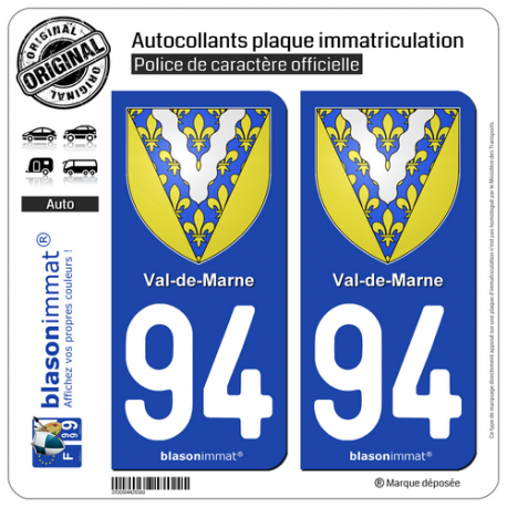 2 Autocollants plaque immatriculation Auto 94 Val-de-Marne - Armoiries