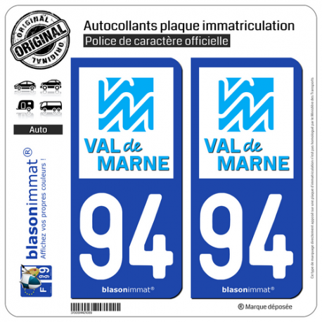2 Autocollants plaque immatriculation Auto 94 Val-de-Marne - Département
