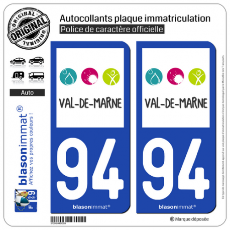 2 Autocollants plaque immatriculation Auto 94 Val-de-Marne - Tourisme