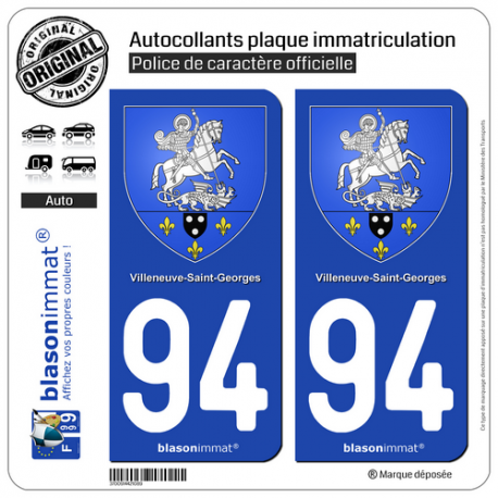 2 Autocollants plaque immatriculation Auto 94 Villeneuve-St-Georges - Armoiries