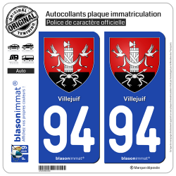 2 Autocollants plaque immatriculation Auto 94 Villejuif - Armoiries
