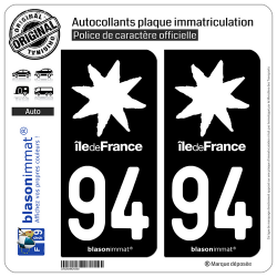 2 Autocollants plaque immatriculation Auto 94 Île de France - LogoType Black