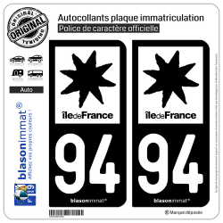 2 Autocollants plaque immatriculation Auto 94 Île de France - LogoType N&B