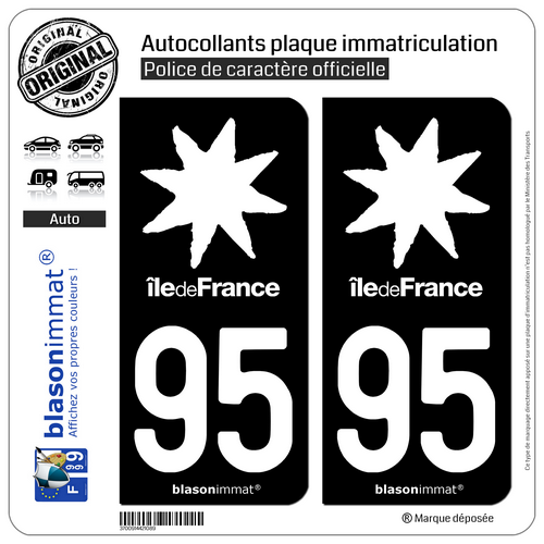 2 Stickers autocollant plaque immatriculation 95 Ile de France LogoType Black