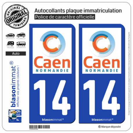 2 Autocollants plaque immatriculation Auto 14 Caen - Agglo