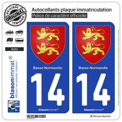 2 Autocollants plaque immatriculation Auto 14 Basse-Normandie - Armoiries