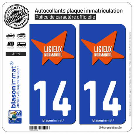 2 Autocollants plaque immatriculation Auto 14 Lisieux - Agglo