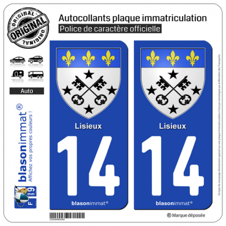 2 Autocollants plaque immatriculation Auto 14 Lisieux - Armoiries