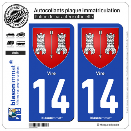 2 Autocollants plaque immatriculation Auto 14 Vire - Armoiries