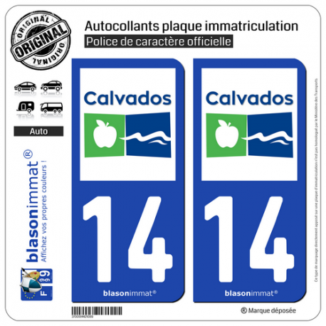 2 Autocollants plaque immatriculation Auto 14 Calvados - Département