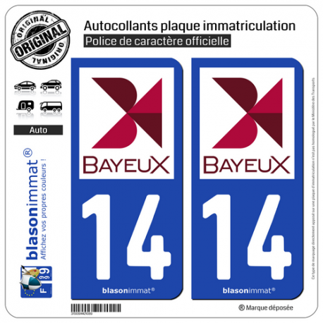 2 Autocollants plaque immatriculation Auto 14 Bayeux - Ville