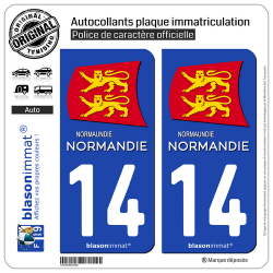 2 Autocollants plaque immatriculation Auto 14 Normandie - Région II