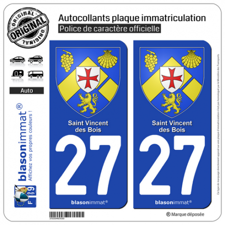 2 Autocollants plaque immatriculation Auto 27 Saint-Vincent-des-Bois - Armoiries