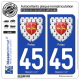 2 Autocollants plaque immatriculation Auto 45 Patay - Armoiries