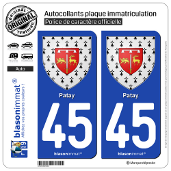 2 Autocollants plaque immatriculation Auto 45 Patay - Armoiries