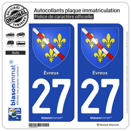 2 Autocollants plaque immatriculation Auto 27 Évreux - Armoiries