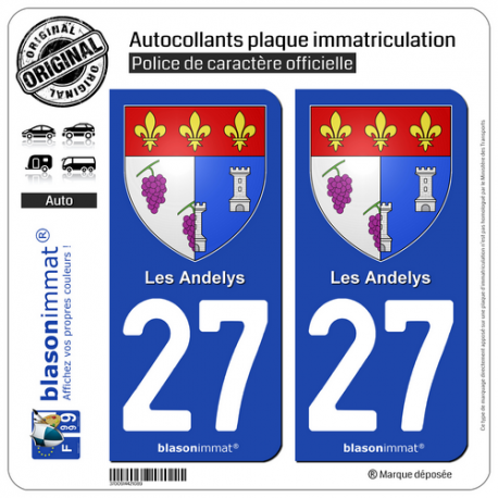 2 Autocollants plaque immatriculation Auto 27 Les Andelys - Armoiries