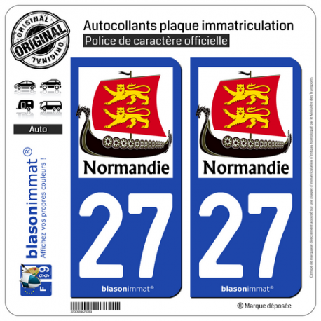 2 Autocollants plaque immatriculation Auto 27 Normandie - Drakkar