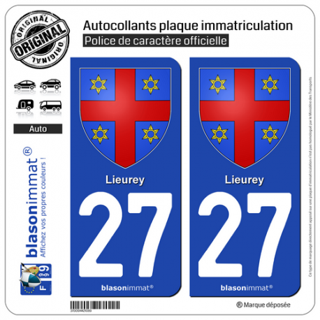 2 Autocollants plaque immatriculation Auto 27 Lieurey - Armoiries