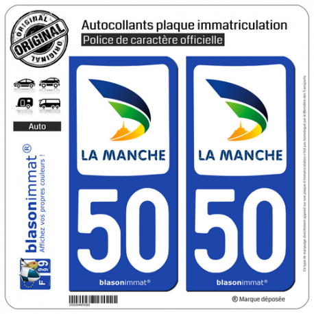 2 Autocollants plaque immatriculation Auto 50 Manche - Département