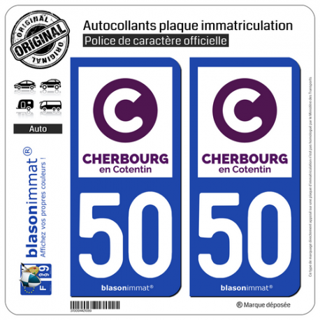 2 Autocollants plaque immatriculation Auto 50 Cherbourg-en-Cotentin - Ville