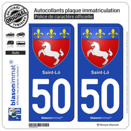 2 Autocollants plaque immatriculation Auto 50 Saint-Lô - Armoiries